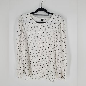 Ann Taylor Loft Floral Puff Sleeve Blouse White Black Long Sleeve Top Size XL